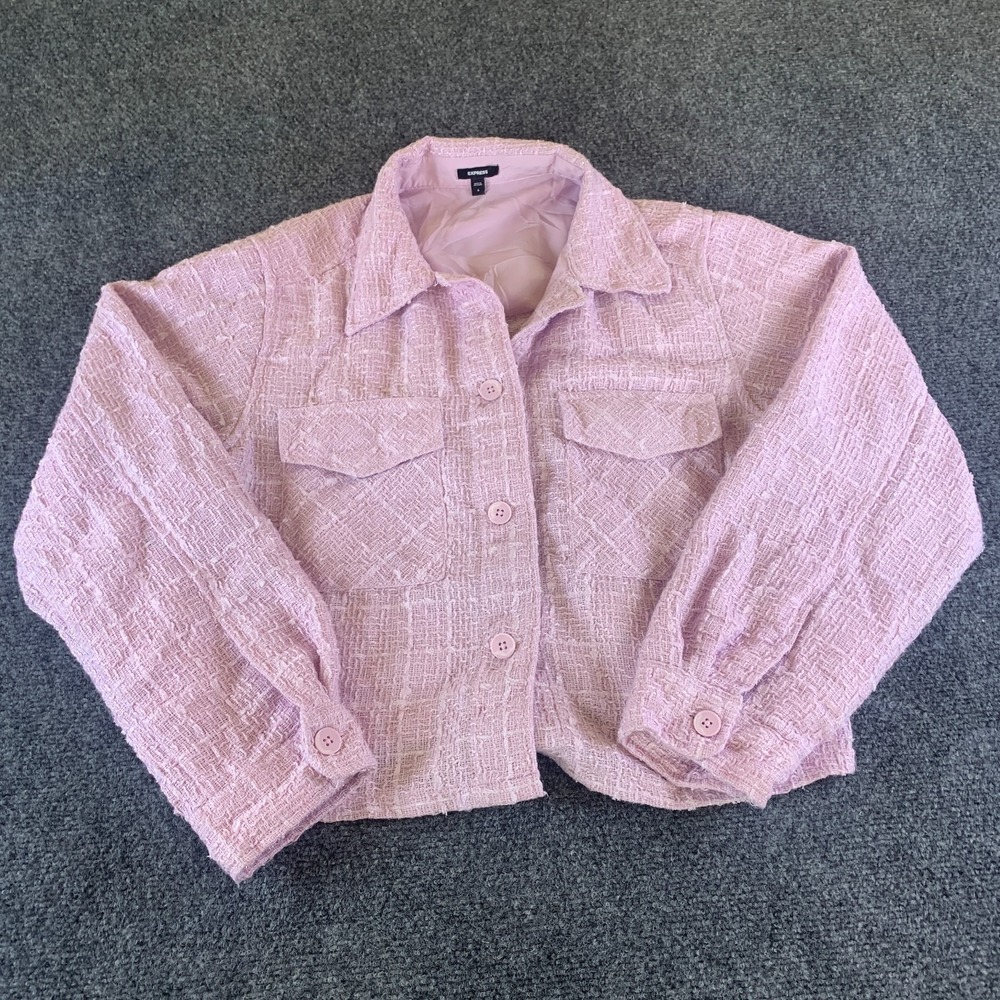 Express Cropped Jacket Womens Small Pink Textured Tweed Casual Button Front